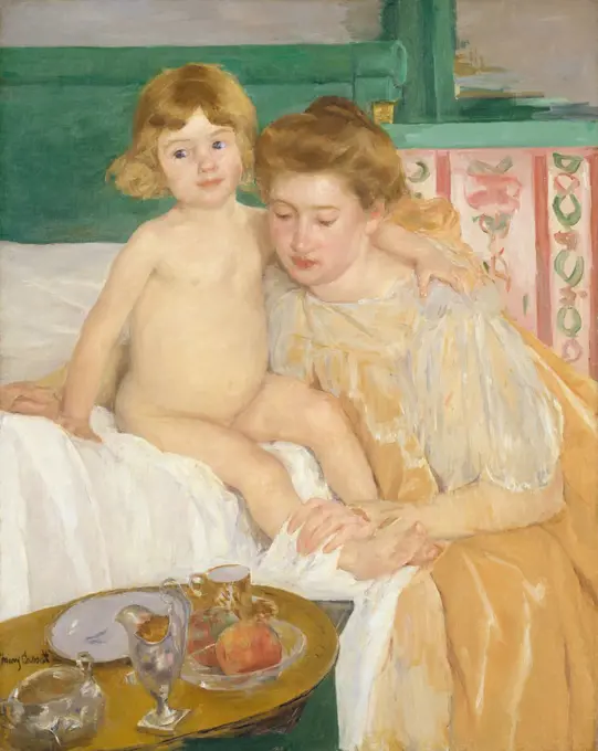 Mother and Child (Baby After His Nap), by Mary Cassatt, 1899, French impressionist oil painting. A well-dressed mother attends her awakening child, with her breakfast tray nearby (BSLOC_2017_3_137)