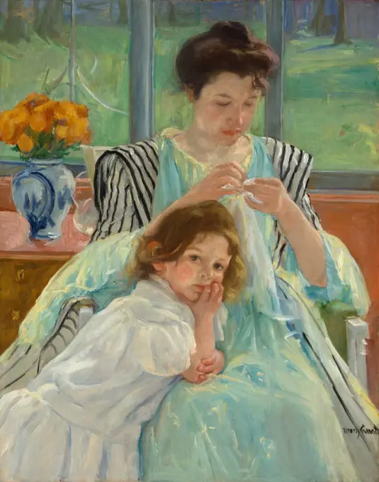 Young Mother Sewing, by Mary Cassatt, 1900, French impressionist painting, oil on canvas. Painted in soft greens, a mother adjusts her task to accommodate the presence of the young child (BSLOC_2017_3_138)