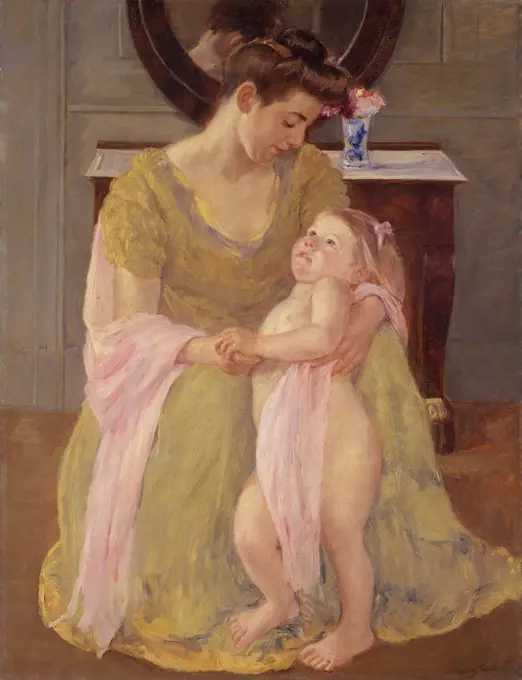 Mother and Child with a Rose Scarf, by Mary Cassatt, 1908, French impressionist oil painting. Cassatt adopted a stable classical composition for this mother and child portrait (BSLOC_2017_3_139)