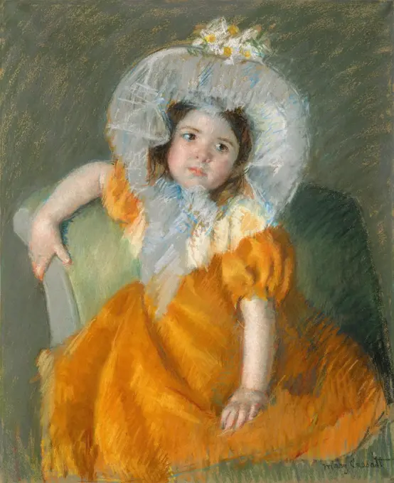 Margot in Orange Dress, by Mary Cassatt, 1902, Impressionist pastel painting, on paper. This canvas is dominated by the bright orange and dull olive green of the background (BSLOC_2017_3_142)