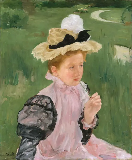 Portrait of a Young Girl, by Mary Cassatt, 1899, French impressionist painting, oil on canvas. This work adopts the compositional style of Japanese prints with its high vantage point, flattened space (BSLOC_2017_3_140)