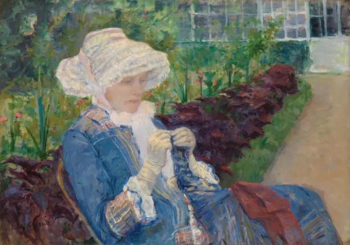 Lydia Crocheting in the Garden at Marly, by Mary Cassatt, 1880, Impressionist oil painting. Cassatt's painted her sister Lydia at Marly-le-Roi, a village outside Paris (BSLOC_2017_3_143)