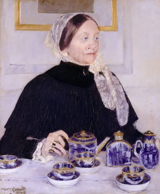 Lady at the Tea Table, by Mary Cassatt, 1883-85, French impressionist painting, oil on canvas. Mary Dickinson Riddle, a Cassatt family cousin, painted with a gilded blue-and-white Canton porcelain service, she gave to her Cassatt relatives. Mary painted this portrait in response to the gift, but the Riddle family didn't like the painting and it remained in the artist's collection (BSLOC_2017_3_145)