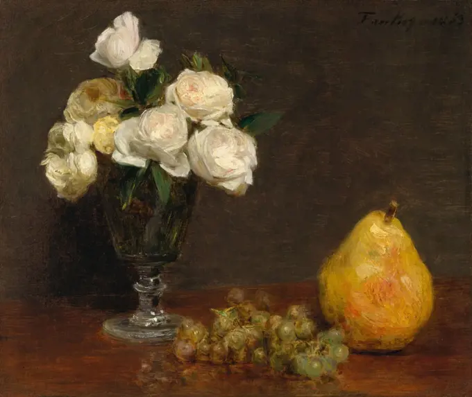 Still Life with Roses and Fruit, by Henri Fantin-Latour, 1863, French impressionist oil painting. Fantin-Latour associated with the Impressionists, but his style remained compositionally conservative throughout his artistic career (BSLOC_2017_3_147)