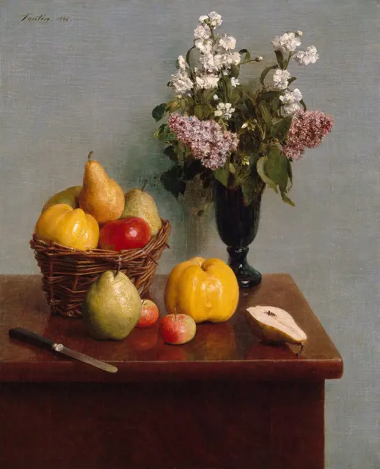 Still Life with Flowers and Fruit, by Henri Fantin-Latour, 1866, French impressionist oil painting. Fantin-Latour used a light gray background and luminous color in the realist still life commissioned by Michael Spartali of London (BSLOC_2017_3_148)