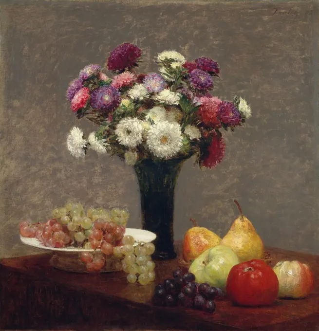 Asters and Fruit on a Table, by Henri Fantin-Latour, 1868, French impressionist oil painting. Fantin-Latour used simple vases and plain tabletops that emphasized his virtuoso painting of flowers and fruits (BSLOC_2017_3_149)