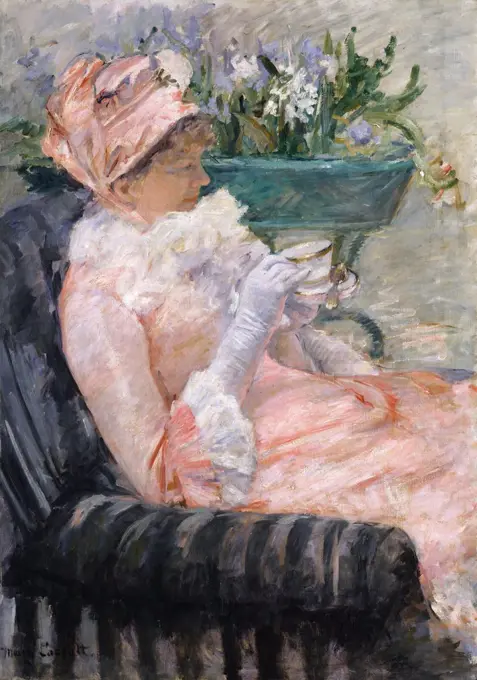 The Cup of Tea, by Mary Cassatt, 1880-81, Impressionist oil painting. Cassatt painted her sister Lydia at afternoon tea, which she showed in the 1881 Impressionist exhibition (BSLOC_2017_3_144)