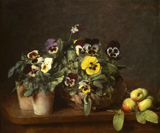 Still Life with Pansies, by Henri Fantin-Latour, 1874, French impressionist painting, oil on canvas. This is one of thirty-one paintings that Fantin-Latour, produced in 1874 (BSLOC_2017_3_150)