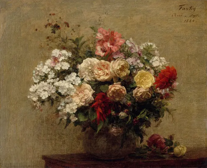 Summer Flowers, by Henri Fantin-Latour, 1880, French impressionist painting, oil on canvas. The dahlias, phlox, and roses in the bouquet were picked near of the artists country home in Bure, Normandy (BSLOC_2017_3_151)