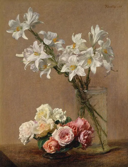 Roses and Lilies, by Henri Fantin-Latour, 1888, French impressionist painting, oil on canvas. Examination of this painting's detail, reveals Fantin-Latour's use of the wood brush handle to delineate the flowers (BSLOC_2017_3_154)