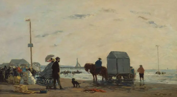 On the Beach at Trouville, by Eugene Boudin, 1863, French impressionist painting, oil on wood. The portable cabana, a place to change into bathing suits, served the more active tourists (BSLOC_2017_3_156)