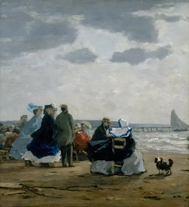 On the Beach, Dieppe, by Eugene Boudin, 1864, French impressionist painting, oil on wood. Boudin was a marine painter and one of the first French landscape artist to paint outdoors (BSLOC_2017_3_157)