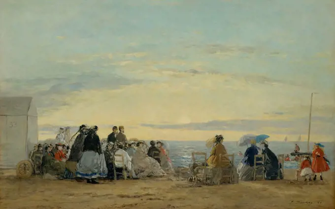 On the Beach, Sunset, by Eugene Boudin, 1865, French impressionist painting, oil on wood. Boudin built a steady clientele for his beach paintings, as railroad borne tourists flocked to the Normandy coast (BSLOC_2017_3_158)