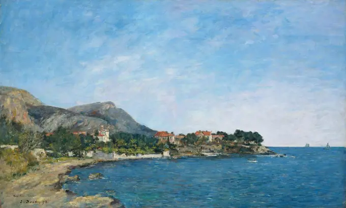 Beaulieu: The Bay of Fourmis, by Eugene Boudin, 1892, French impressionist painting, oil on canvas. This was painted on the French Riviera in March 1892, with a light and bright palette of impressionism, but a more conventional realist composition (BSLOC_2017_3_159)