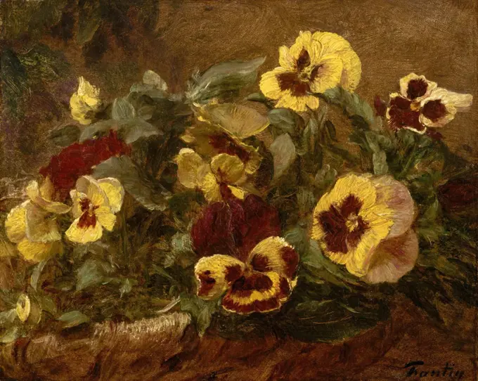 Pansies, by Henri Fantin-Latour, 1903, French impressionist painting, oil on canvas. This study of pansies in a basket was one of Fantin-Latour's last paintings (BSLOC_2017_3_155)