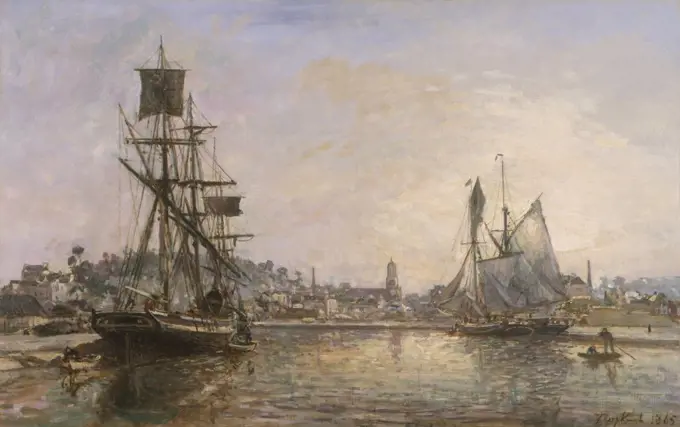 Honfleur, by Johan Barthold Jongkind, 1865, French impressionist painting, oil on canvas. In Normandy in the 1860s, Jongkind met and shared ideas with painters Alfred Sisley, Eugene Boudin, and the young Claude Monet (BSLOC_2017_3_161)