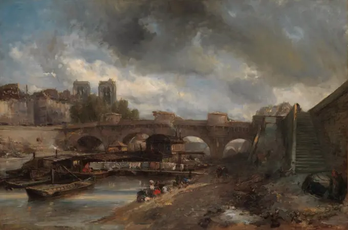 The Pont Neuf, by Johan Barthold Jongkind, 1849-50, Dutch realist painting, oil on canvas. His painterly open brushwork, and luminous sky forecast impressionism, while the composition shows the influence of his teacher, the French Romantic marine painter, Eugene Isabey (BSLOC_2017_3_160)