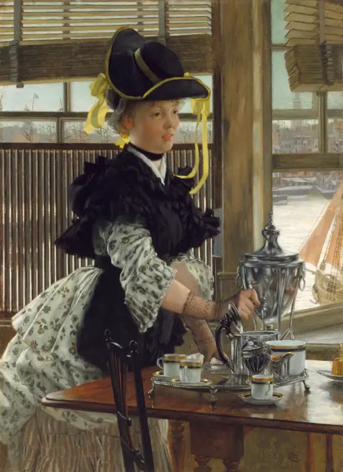 Tea, by James Tissot, 1872, French realist, impressionistic, painting, oil on canvas. Tissot often painted elegantly dressed women shown in scenes of fashionable life, which were very popular with England, where he painted in the 1870s. Note the cityscape seen through the window (BSLOC_2017_3_162)