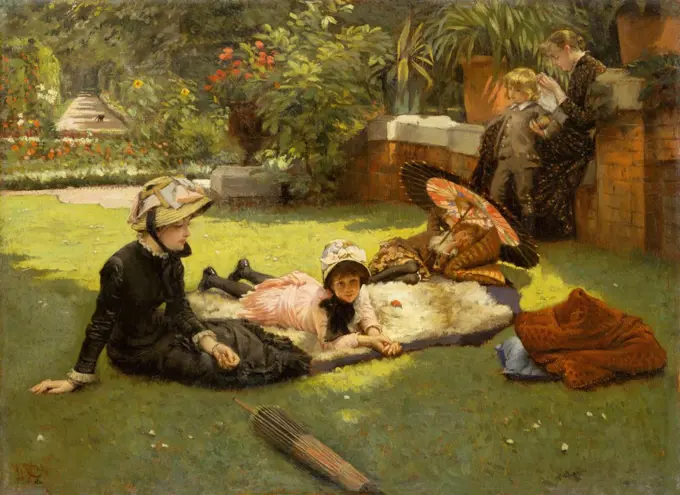 In Full Sunlight (En plein soleil), by James Tissot, 1881, French realist, impressionistic, oil painting. In Tissot's garden in St. John's Wood, London. He painted his companion, divorcee Kathleen Newton (left); her children, 5 year old Cecil George Newton under umbrella, 10 year old Muriel Mary Violet Newton. The two figures at right are unidentified (BSLOC_2017_3_163)