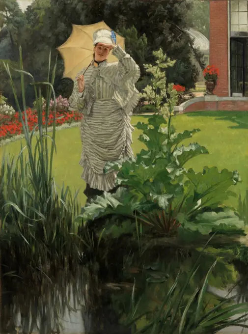 Spring Morning, by James Tissot, 1875, French realist, impressionistic, painting, oil on canvas. The clump of vegetation in the foreground was unconventional, and similar to compositional devices used by the impressionists and Japanese prints (BSLOC_2017_3_164)