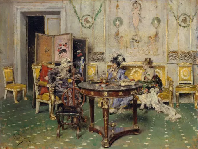 Gossip, by Giovanni Boldini, 1873, Italian, impressionistic painting, oil on wood. The light bright colors and brushwork of this painting are impressionistic, but the story-telling gestures and expressions are antithetical to impressionism (BSLOC_2017_3_165)