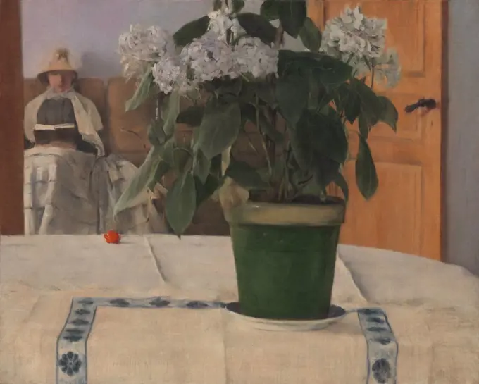 Hortensia, by Fernand Khnopff, 1884, Belgian realist painting, realist, oil on canvas. The blossoming hydrangea (hortensia in French) dominates the painting, subordinating the female sitter, probably the artist's sister, Marguerite. The unconventional compositions suggest Impressionists influence on the future Symbolist artist (BSLOC_2017_3_166)