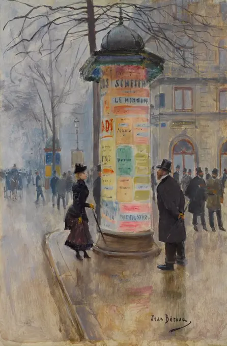 Parisian Street Scene, by Jean Beraud, 1885, French impressionistic painting, oil on canvas. Beraud painted Parisian street life in an academic style influenced by impressionism. His works were populated by prosperous Belle Epoque characters, such as the stylish woman is at a one side of a poster covered kiosk, and the gentleman on the other (BSLOC_2017_3_167)