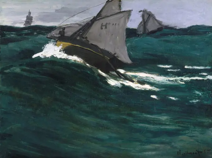The Green Wave, by Claude Monet, ca. 186667, French impressionist painting, oil on canvas. This seascape used elements from Manet's 1864 paintings of the USS Kearsarge. Both paintings employ high horizons and painterly waves (BSLOC_2017_3_17)