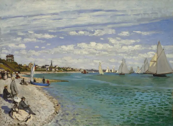Regatta at Sainte-Adresse, by Claude Monet, 1867, French impressionist painting, oil on canvas. It depicts a sailing regatta at Le Havre with figures on the beach. The standing man in a gray suit and straw hat is Monets father (BSLOC_2017_3_19)