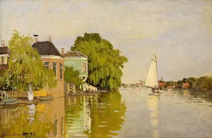 Houses on the Achterzaan, by Claude Monet, 1871, French impressionist painting, oil on canvas. In the summer of 1871, Monet painted Dutch landscapes, enjoying 'amusing things everywhere: hundreds of windmills and enchanting boats' (BSLOC_2017_3_21)