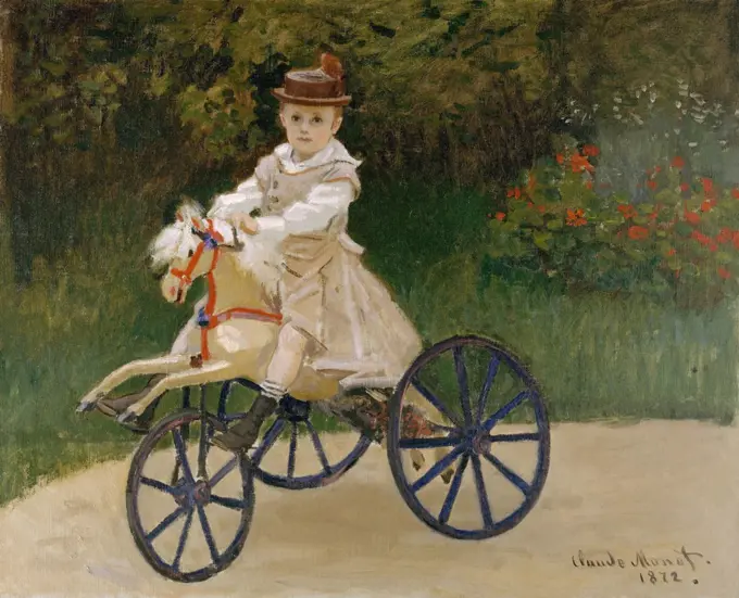 Jean Monet on His Hobby Horse, by Claude Monet, 1872, French impressionist painting, oil on canvas. Monet kept this portrait of his 5 year old son all of his life (BSLOC_2017_3_22)