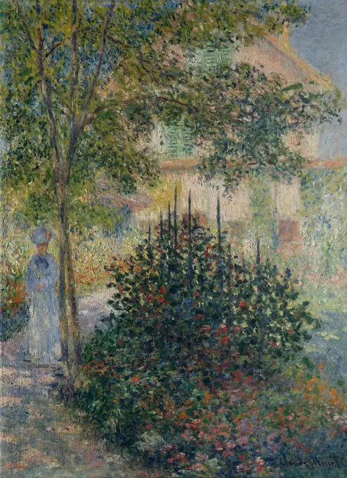 Camille Monet in the Garden at Argenteuil, by Claude Monet, French impressionist oil painting. Monet applied the paint in small daubs over the entire canvas, a style that became characteristic of his mature works (BSLOC_2017_3_25)