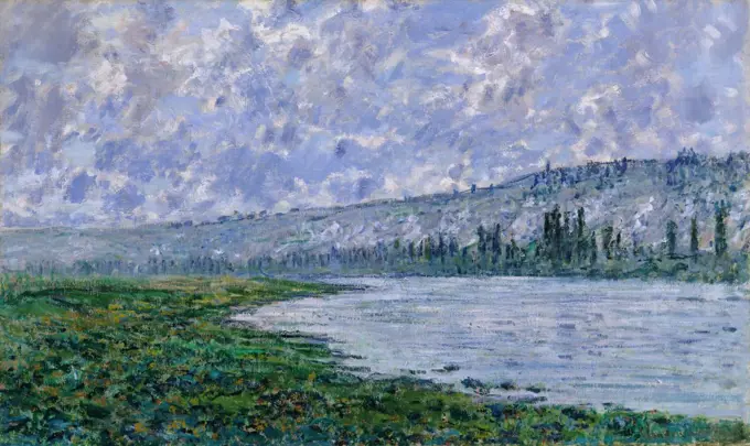 The Seine at Vetheuil, by Claude Monet, 1880, French impressionist painting, oil on canvas. Monet painted this work with a variety of brushstrokes, using broader strokes for the cloud, and horizontals for the water (BSLOC_2017_3_29)
