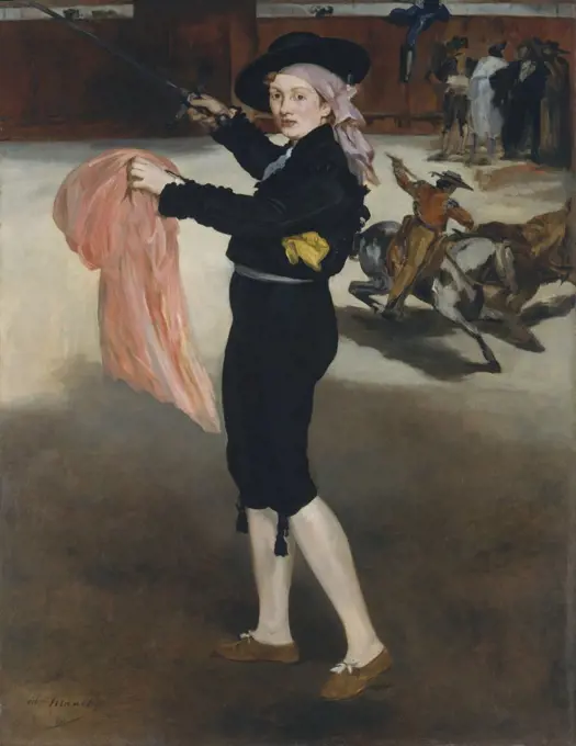 Mademoiselle V in Costume of an Espada, by Edouard Manet, 1862, French impressionist oil painting. Manet's favorite model, Victorine Meurent, is painted as a matador against a backdrop of a bullfight (BSLOC_2017_3_3)