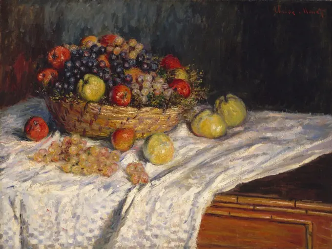 Apples and Grapes, by Claude Monet, 187980, French impressionist painting, oil on canvas. In painting this basket of apples, Monet balances the active surface created by his small brushstrokes with the illusion of volume and space of his motif (BSLOC_2017_3_28)