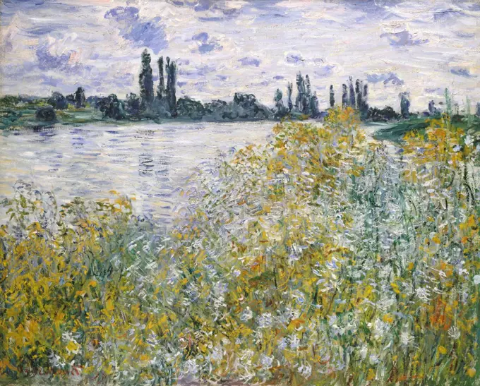 Ile aux Fleurs near Vetheuil, by Claude Monet, 1880, French impressionist painting, oil on canvas. The forms and space of the landscape are dematerialized in the lacework of his brushstrokes (BSLOC_2017_3_31)