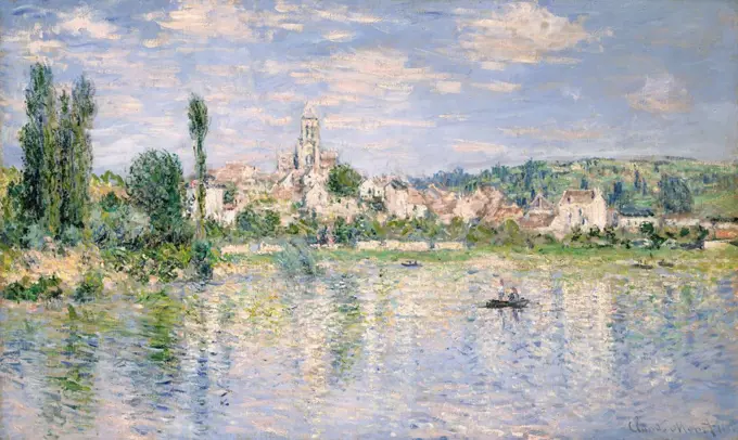 Vetheuil in Summer, by Claude Monet, 1880, French impressionist painting, oil on canvas. This painting creates the illusion of flickering reflections of sunlight on the water (BSLOC_2017_3_30)