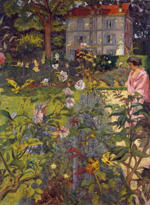 Garden at Vaucresson, by Edouard Vuillard, 1920, French Post-Impressionist painting. The two women almost lost among the plants are Lucy Hessel and her cousin. The house emerges clearly above the rich complexity of the painting's lower half (BSLOC_2017_5_103)