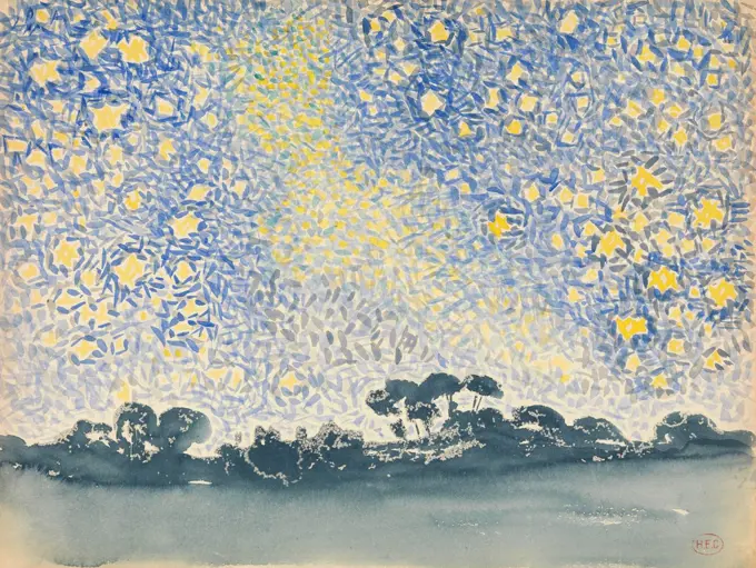 Landscape with Stars, by Henri-Edmond Cross, 1905-08, French Neo-Impressionist watercolor painting. The star-streaked sky combines the brushstrokes of clear blue and yellow above a simply painting dull landscape (BSLOC_2017_5_107)