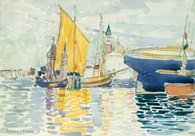 Venice-The Giudecca, by Henri-Edmond Cross, 1903, French Neo-Impressionist watercolor. San Giorgio Maggiore is seen through the boats in the foreground. Cross painted preparatory watercolors for paintings made in the time-consuming pointillist process of  (BSLOC_2017_5_105)