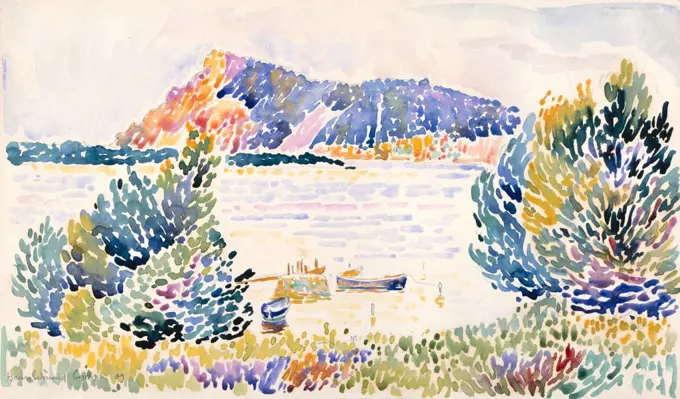 Cap Negre, by Henri-Edmond Cross, 1909, French Neo-Impressionist watercolor painting. The work's abstracted color bright color is similar to that of the Fauves, the group of artists that included Matisse, Andre Derain, and Albert Marquet (BSLOC_2017_5_109)