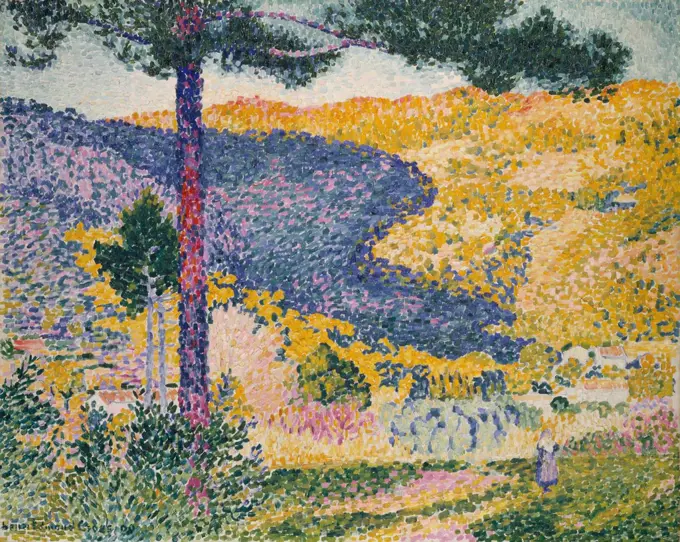 Valley with Fir (Shade on the Mountain), by Henri-Edmond Cross, 1909, French Neo-Impressionist. In this oil painting, the artist leaves unpainted bare canvas between the strokes (BSLOC_2017_5_108)