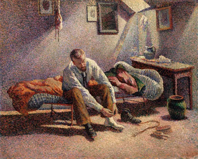 Morning, Interior, by Maximilien Luce, 1890, French Neo-Impressionist, oil on canvas. Pointillist painting of Luces close friend and fellow painter Gustave Perrot dressing in his artist's garret. Luce's socialist/anarchist politics influenced him to pain (BSLOC_2017_5_111)