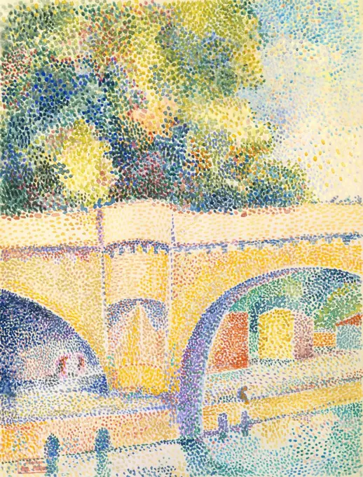 Le Pont Neuf, by Hippolyte Petitjean, 1912-14, French Neo-Impressionist, watercolor painting. Petitjean was a close friend and follower of Georges Seurat's. He created this pointillist work along the Seine, looking downriver through the arches of the Pont (BSLOC_2017_5_110)