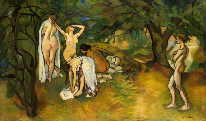 Joy of Life, by Suzanne Valadon, 1911, French Post-Impressionist painting, oil on canvas. This large work measuring 4 by 7 feet was shown at the 1911 Paris Salon. A man stands separate, at right, watching the women who seem oblivious to his presence. Vala (BSLOC_2017_5_116)