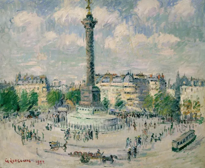 La Place de la Bastille, by Gustave Loiseau, 1922, French Post-Impressionist, oil on canvas. This light filled depiction of Paris is painted with quick brush-strokes that create an intricate, lattice-like surface. The brief painterly rending of the figure (BSLOC_2017_5_114)