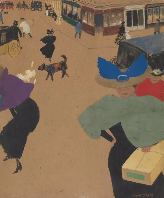 Street Scene in Paris, by Felix Vallotton, 1895, Swiss/French painting, gouache and oil on cardboard. The work depicts pedestrian traffic on a Paris boulevard. The flat shapes of the figures link the work to various avant-garde styles: Art Nouveau, the Na (BSLOC_2017_5_117)