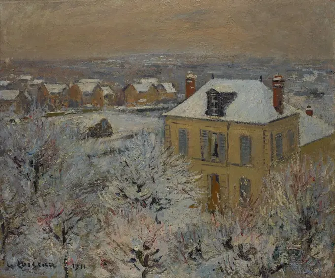 House in Winter, by Gustave Loiseau, 1911, French Post-Impressionist, oil on canvas. As a young artist in his 20's he associated with Paul Gauguin and Emile Bernard, and then experimented with Pointillism. By the time this work was made he had established (BSLOC_2017_5_113)