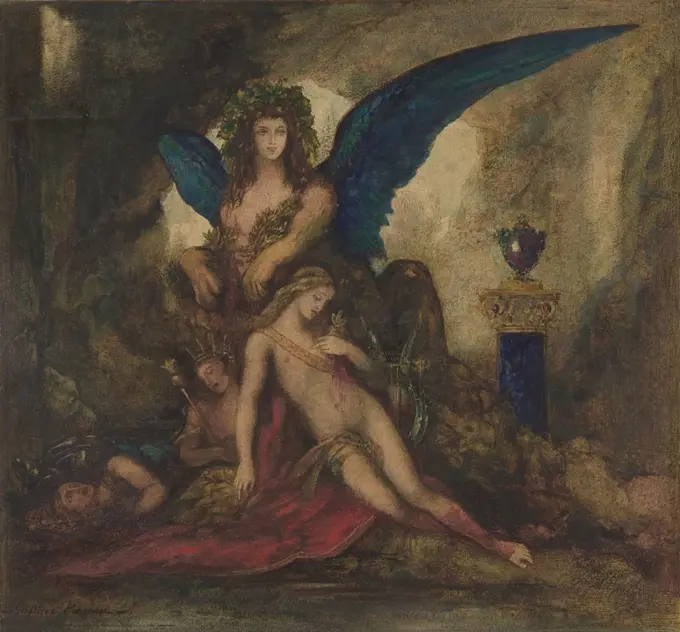 Sphinx in a Grotto (Poet, King and Warrior), by Gustave Moreau, 1850-90, French Romantic/Symbolism. Watercolor painting depicting Sphinx with the dead bodies of a Poet, King, and Warrior, in a fantastical image of the deadly mythological beast (BSLOC_2017_5_120)