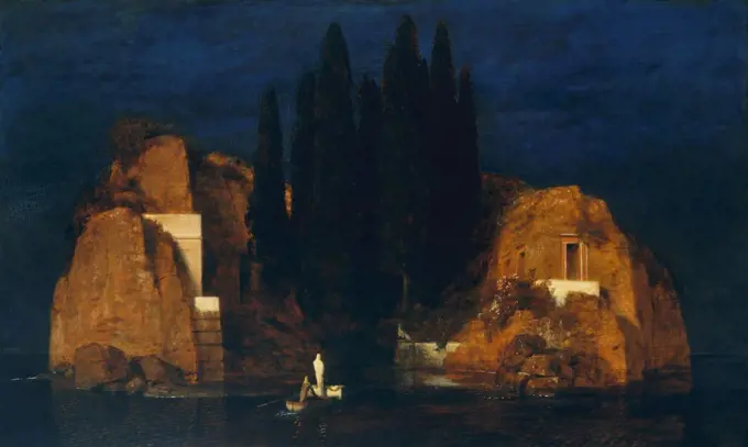 Island of the Dead, by Arnold Bocklin, 1880, Swiss Romantic/Symbolist painting, oil on wood. A draped coffin and standing shrouded figure are rowed to a bleak island in a small boat. This is Bocklin's best known work, of which he made several versions bet (BSLOC_2017_5_121)